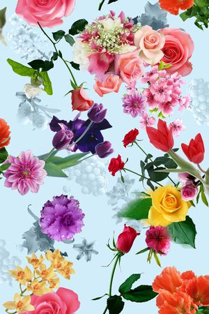 蓝色底 花卉 鲜花 照片 玫瑰 菊花印花花型图片