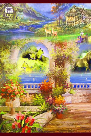 方巾 边框 油画 风景 景色 花园印花花型图片