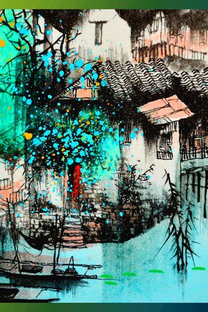 方巾 边框 油画 风景 景色 中国水乡印花花型图片