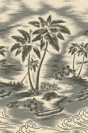 热带风情 椰树 植物 风景 版画效果 复古印花花型图片