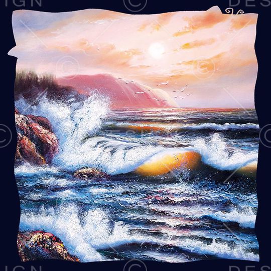 边框 油画 风景 海景 海浪 方巾印花花型图片
