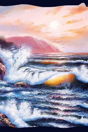 边框 油画 风景 海景 海浪 方巾印花花型图片