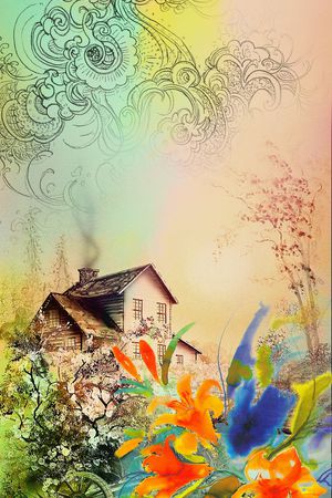 定位 插画 花卉 房屋 温馨印花花型图片