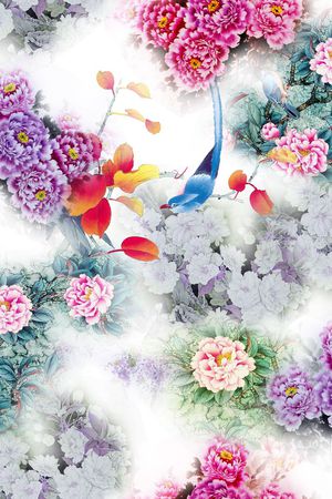 中国风 水墨 工笔 牡丹 花鸟 清新 淡雅印花花型图片