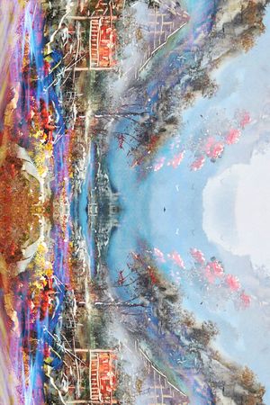 长巾 对称 油画 风景 城市 部落 田园印花花型图片
