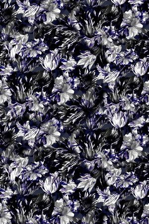 复古 深色 油墨画 花卉 黑底印花花型图片