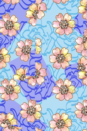 错位 叠加 线描花 钻石 花卉印花花型图片