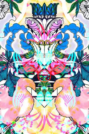 松鼠 动物 大叶片 线描花 海浪 梅花 罗马柱 卡通  镜像印花花型图片
