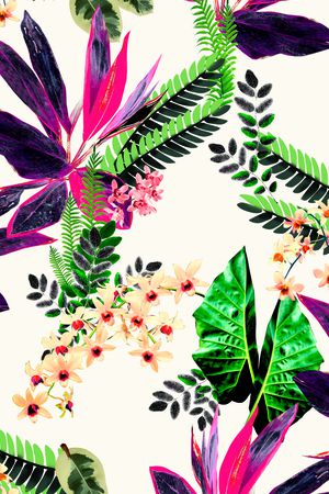 热带花卉 叶子印花花型图片