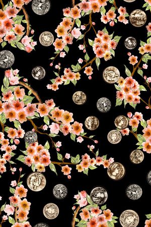桃花 钱币 花卉印花花型图片