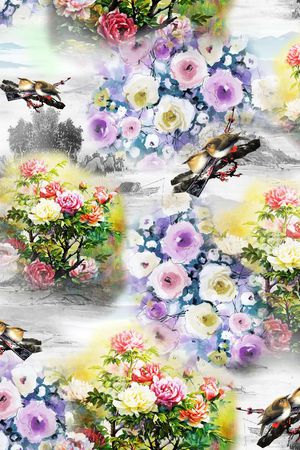 手绘麻雀印花花型图片