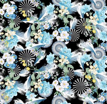 430174-时尚羽毛手绘花卉圆形组合数码印花