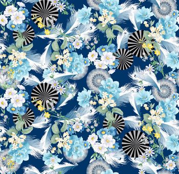 430175-时尚羽毛手绘花卉圆形组合数码印花