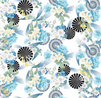 430176-时尚羽毛手绘花卉圆形组合数码印花