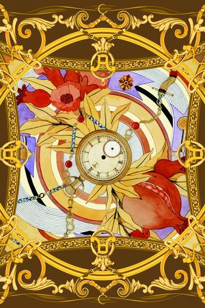 钟表 花朵 链条印花花型图片