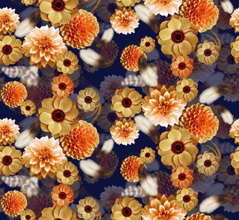 432174-流行时尚黄色写实花卉羽毛组合印花