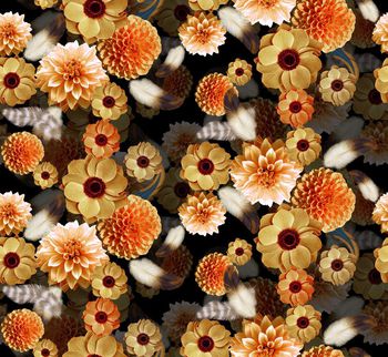 432175-流行时尚黄色写实花卉羽毛组合印花