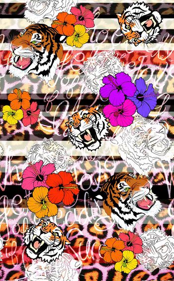 433063-豹纹条纹字母虎头热带花卉组合女装连