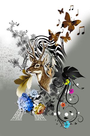 定位鹿头斑纹黑灰系动物纹印花花型图片