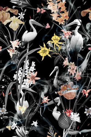 数码时尚花鸟女装女裙印花花型图片
