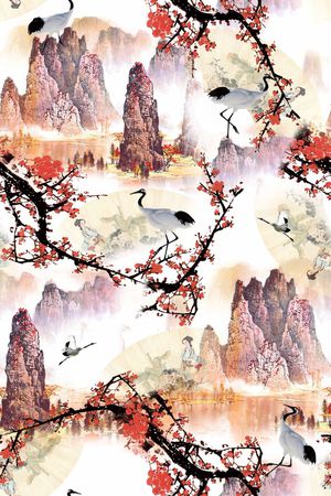 中国风工笔画印花花型图片
