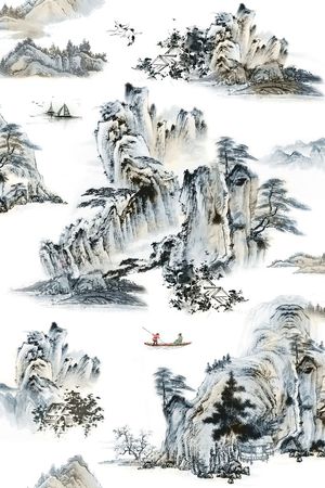 山水、船、鹤、松树印花花型图片
