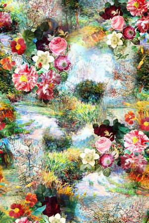 森林油画印花花型图片