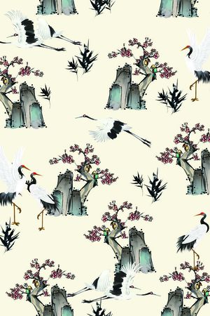 复古中国风梅花仙鹤印花花型图片