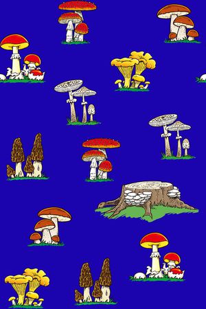 手绘卡通休闲蓝底蘑菇印花花型图片