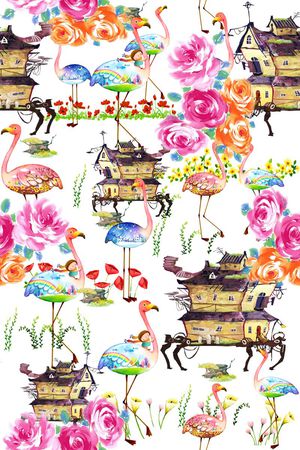 流行时尚 潮流 卡通 手绘花卉组合 童装 服装印花花型图片