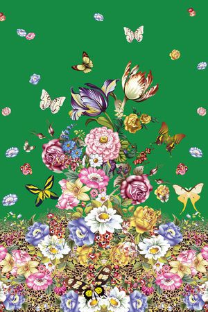 定位绿底手绘豹纹复古花印花花型图片