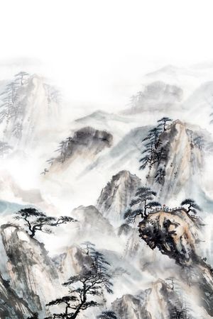 国画山树印花花型图片