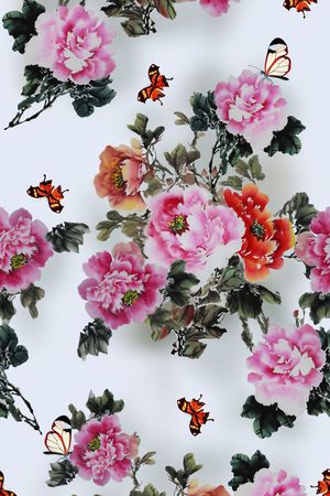国画 牡丹花 蝴蝶印花花型图片