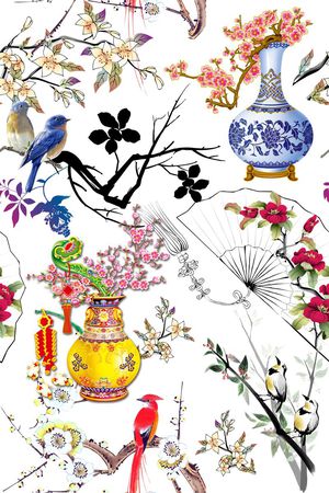 复古中国风梅花喜鹊陶瓷花印花花型图片