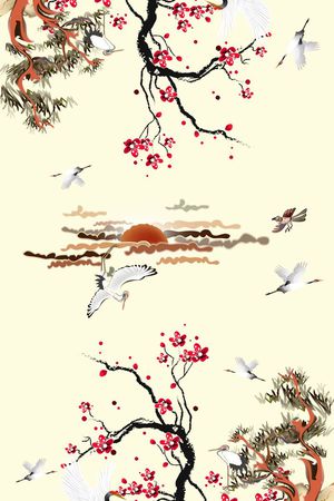 方巾中国风复古仙鹤梅花定位图印花花型图片