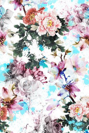 国画牡丹、水彩花卉、喷溅元素印花花型图片