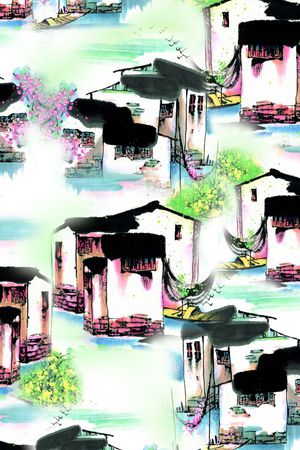 手绘、水墨、建筑、中国风印花花型图片