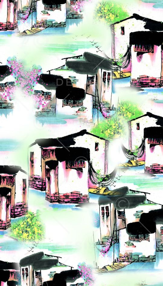 手绘、水墨、建筑、中国风印花花型图片