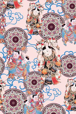中国风纹饰、手绘人物、祥云底纹印花花型图片