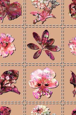 花卉、树叶、抽象叠加、虚线分割印花花型图片