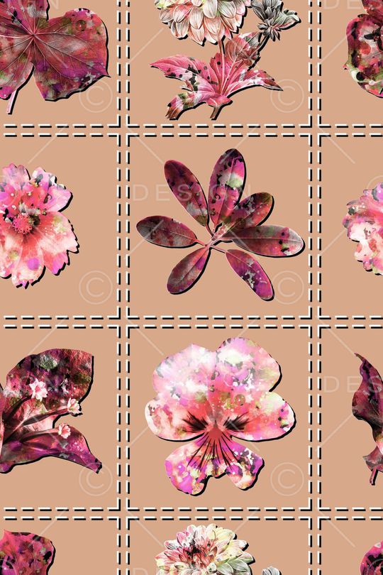花卉、树叶、抽象叠加、虚线分割印花花型图片
