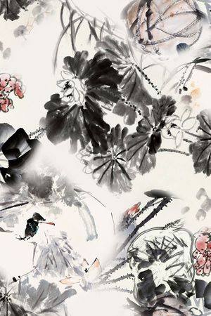 水墨荷花印花花型图片
