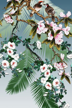 中国风、工笔画花鸟、树叶剪影、印花花型图片