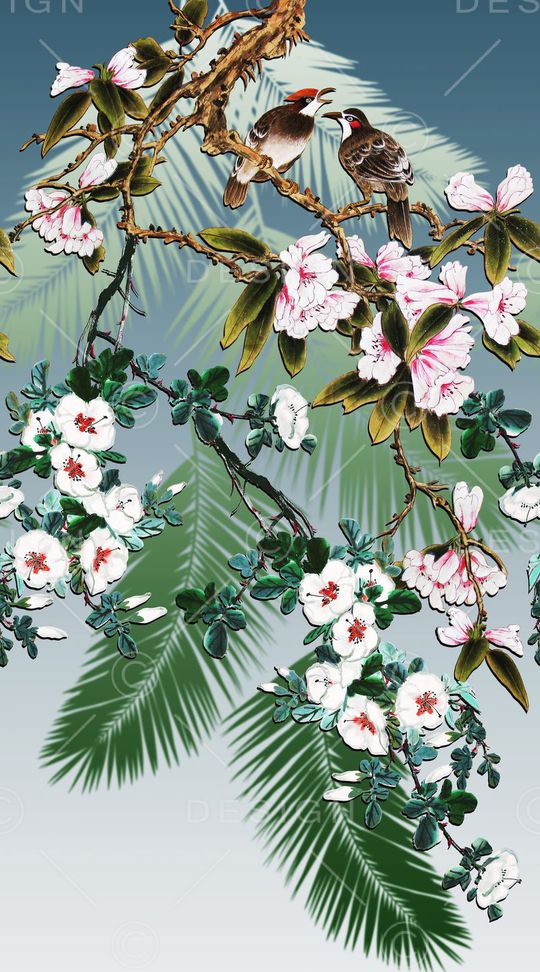 中国风、工笔画花鸟、树叶剪影、印花花型图片