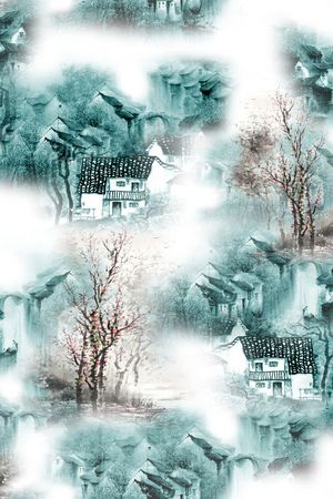 水墨民居印花花型图片