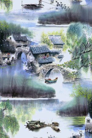 水墨江南山水印花花型图片