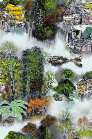 水墨江南山水印花花型图片