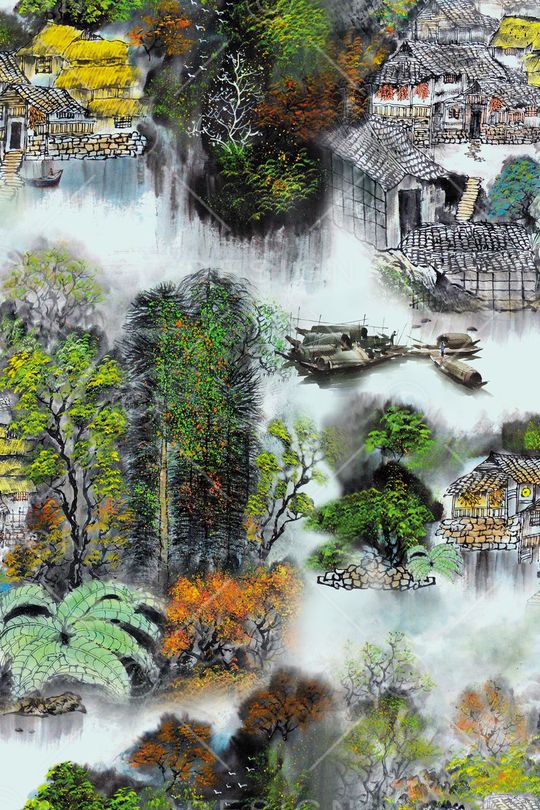 水墨江南山水印花花型图片