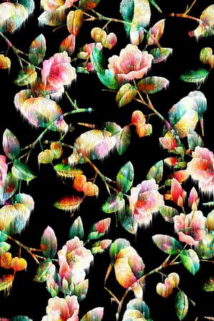 抽象手绘满版花鸟印花花型图片