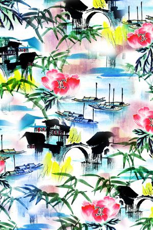 中国风建筑、水墨花卉、小桥流水印花花型图片